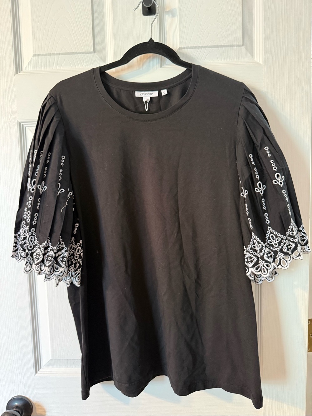 Chico's Black Tee with White Embroidered Puff Sleeves